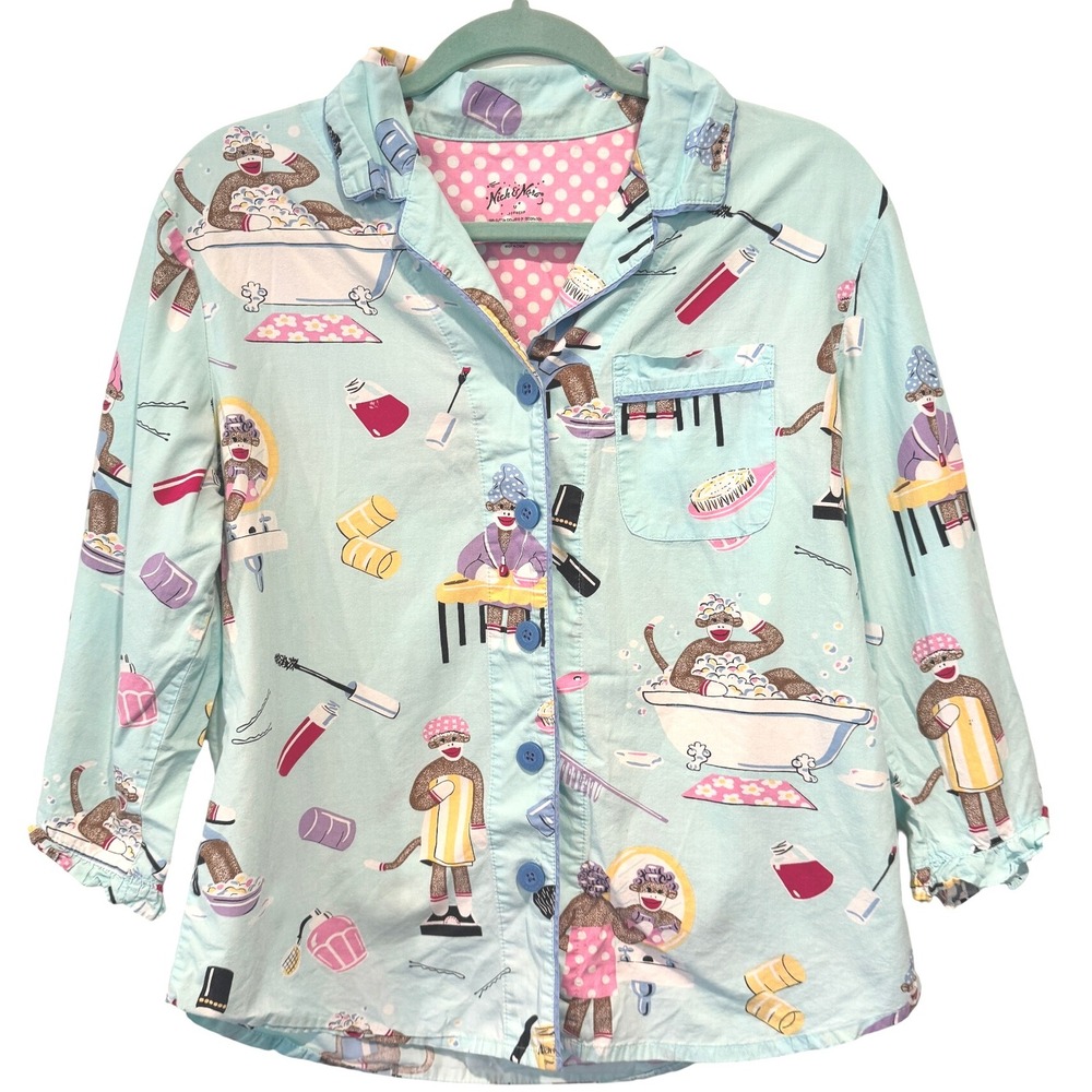Nick & Nora Pajama Top Novelty Print‎ Sock Monkey Loungewear Sleepwear Blue M